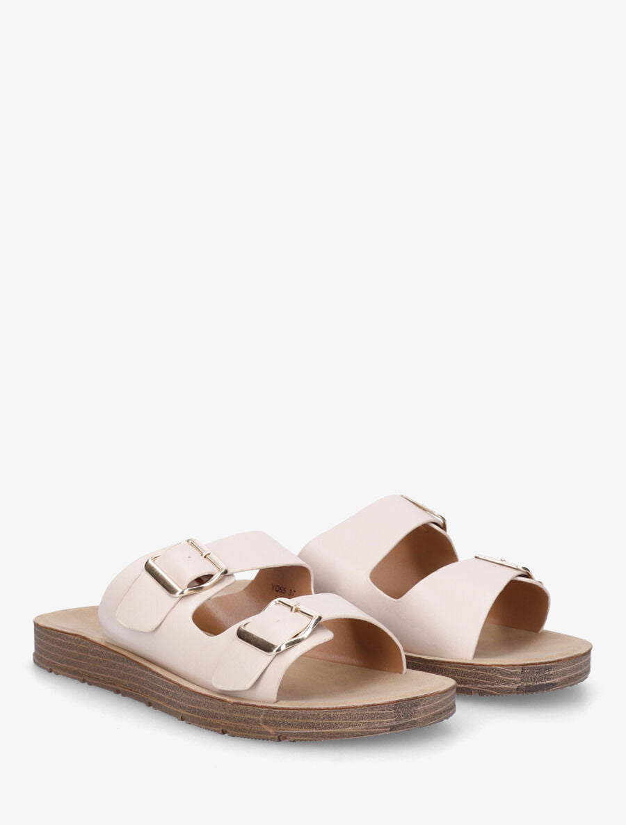 Claquettes en simili à double brides - Beige - 4