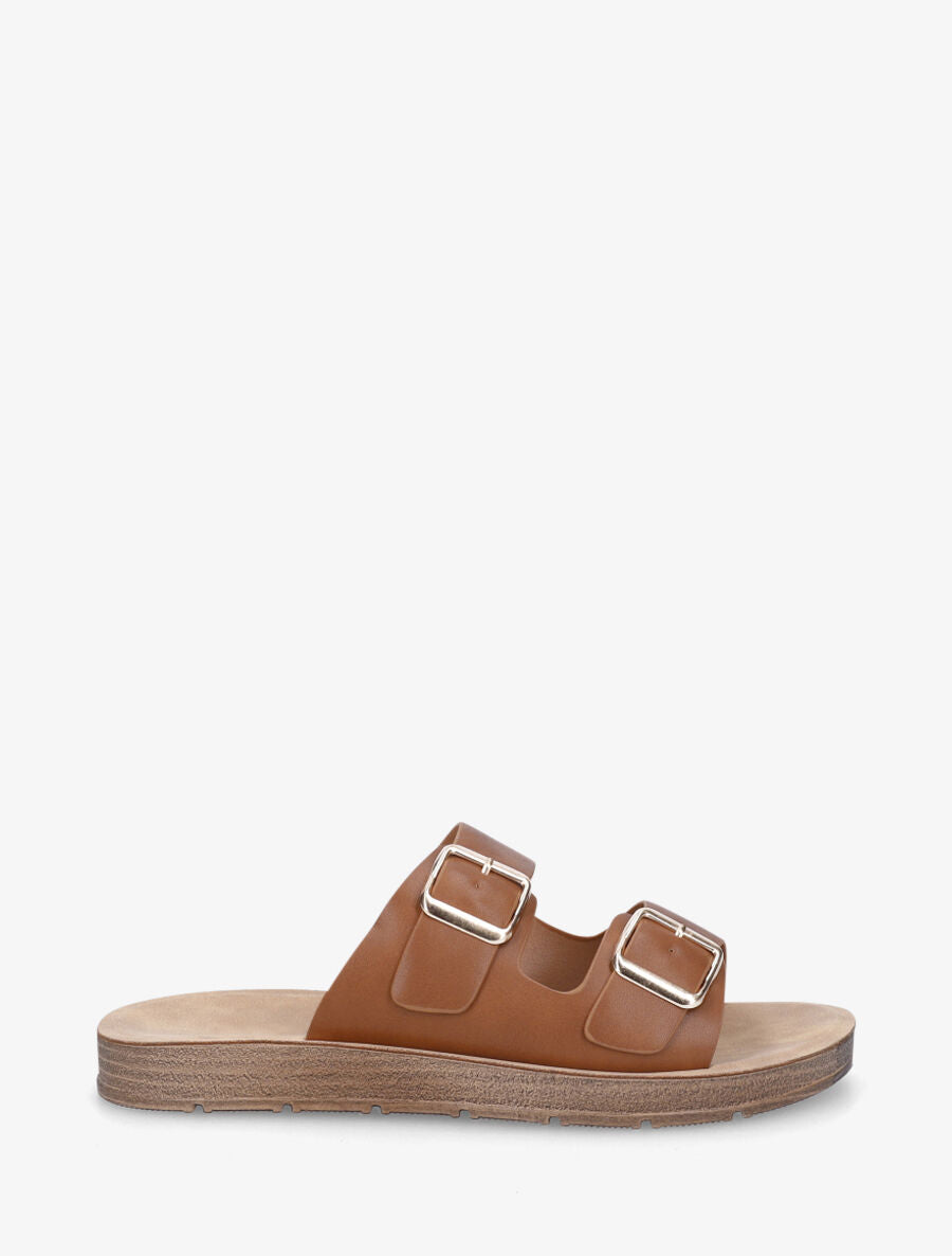 Claquettes en simili à double brides - Camel - 5