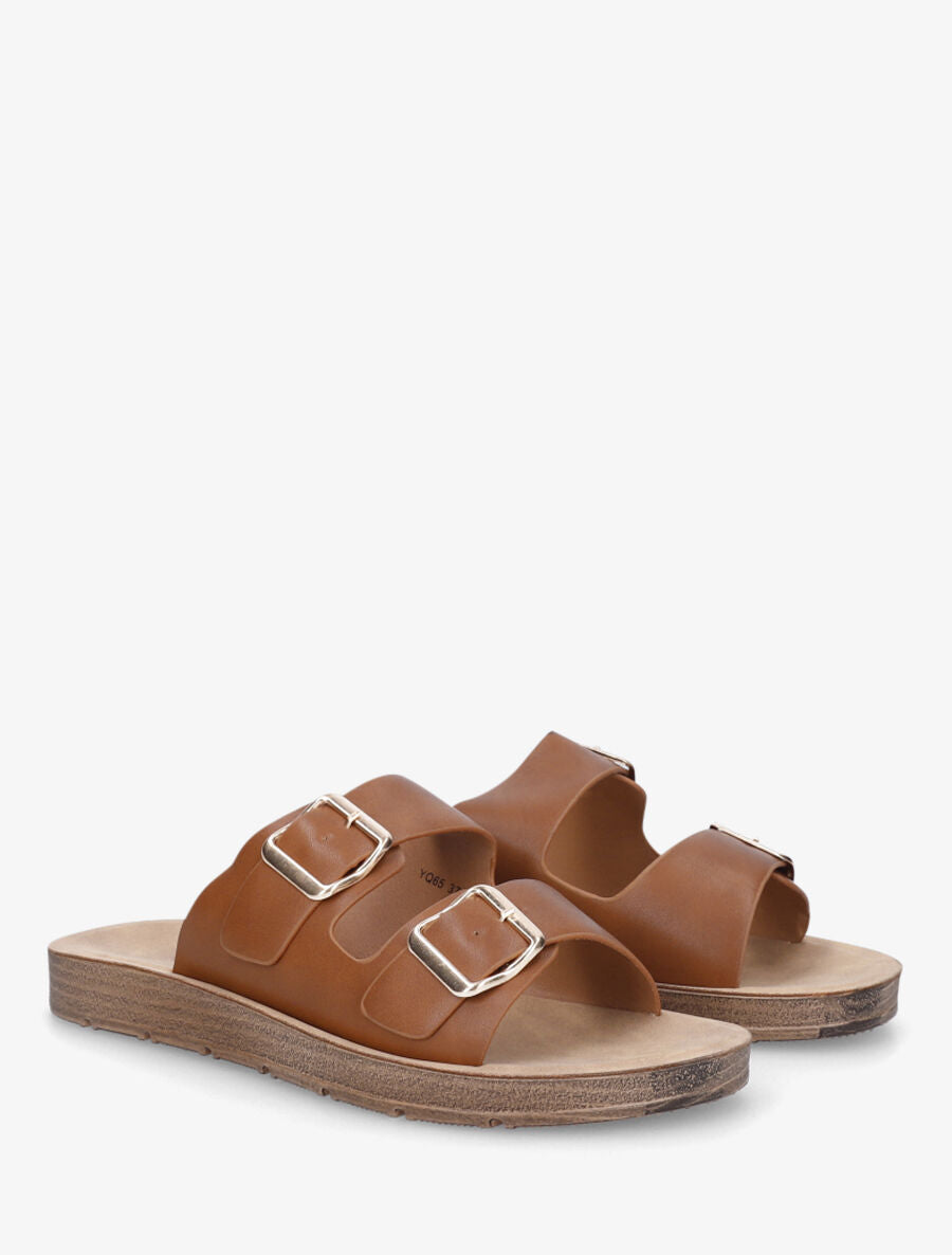 Claquettes en simili à double brides - Camel - 4