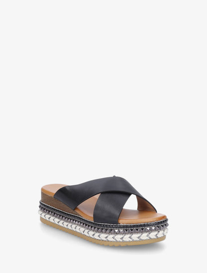 Mules croisées à talon compensé fantaisie - Noir - 2
