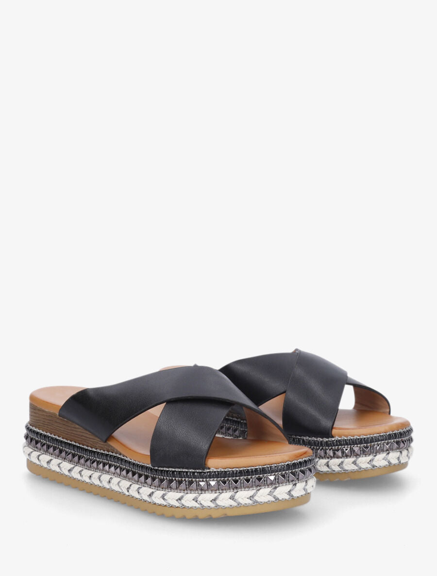 Mules croisées à talon compensé fantaisie - Noir - 4