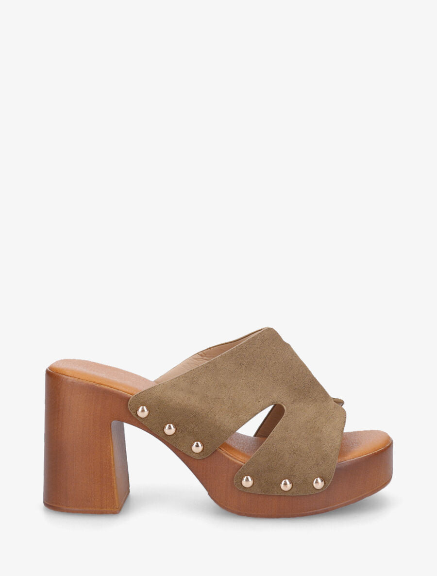 Mules à talon en suédine - Kaki - 1