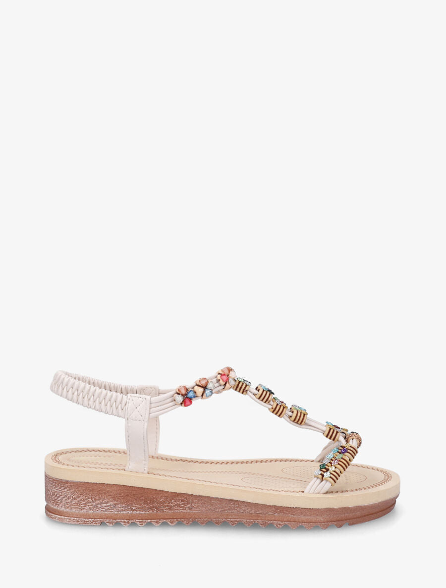 Nu-pieds à bride en T strass et perles - Beige - 1
