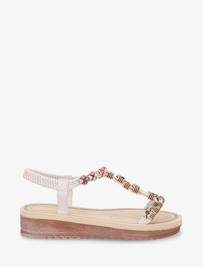 Nu-pieds à bride en T strass et perles - Beige - 1