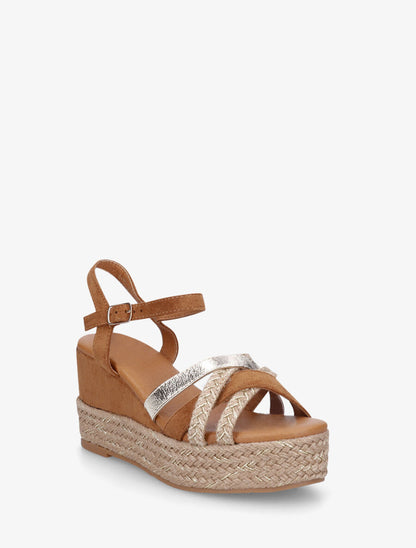 Sandales compensées brides raphia et simili - Camel - 2