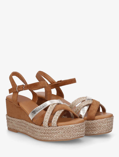 Sandales compensées brides raphia et simili - Camel - 4