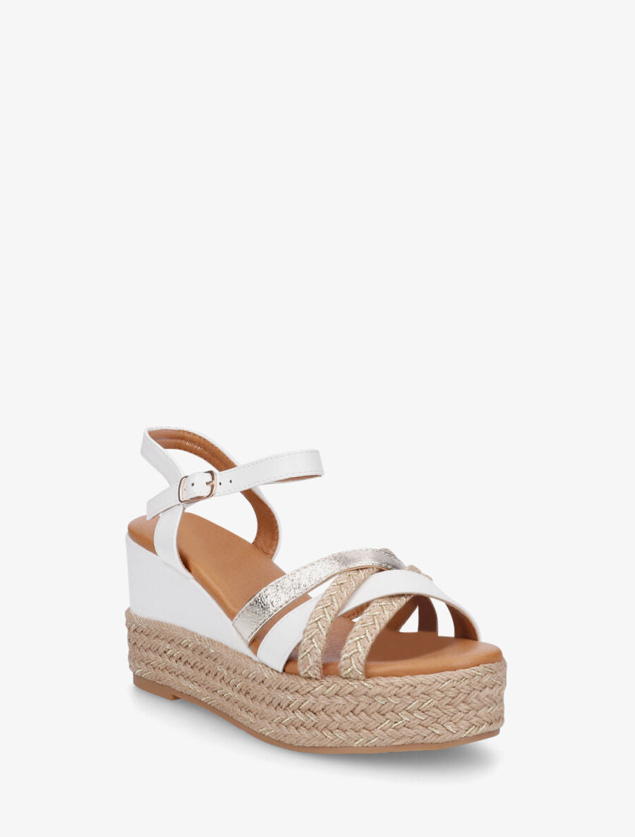 Sandales compensées brides raphia et simili - Blanc - 2