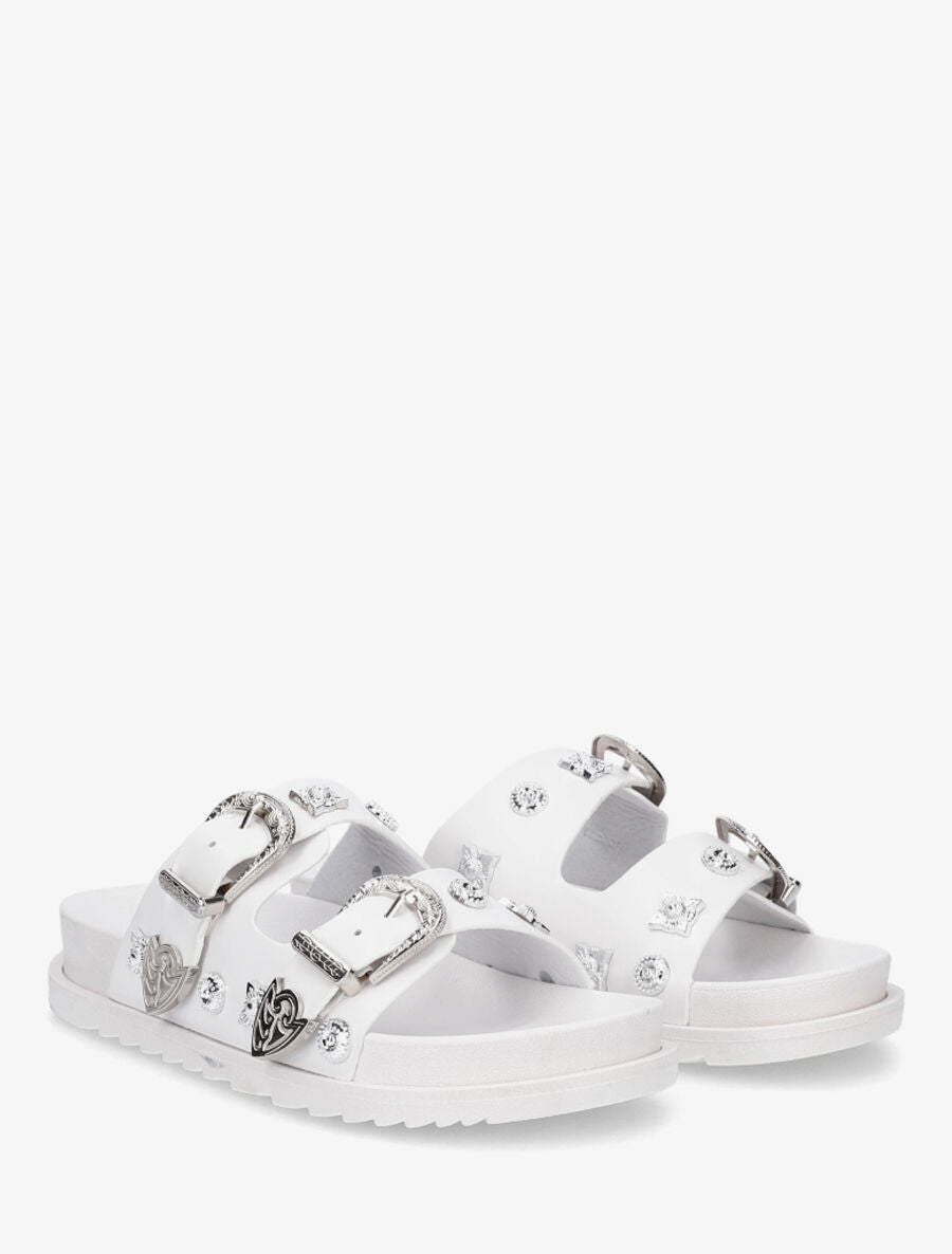 Mules à boucles travaillées et bijoux - Blanc - 4