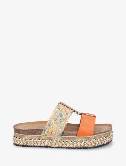 Claquettes fantaisies en raphia et simili - Orange - 1