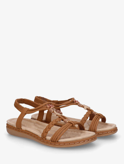 Nu-pieds unis à empiècement perles en bois - Camel - 4