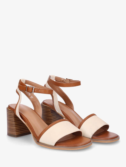Sandales à talon en tissu effet denim - Beige - 4