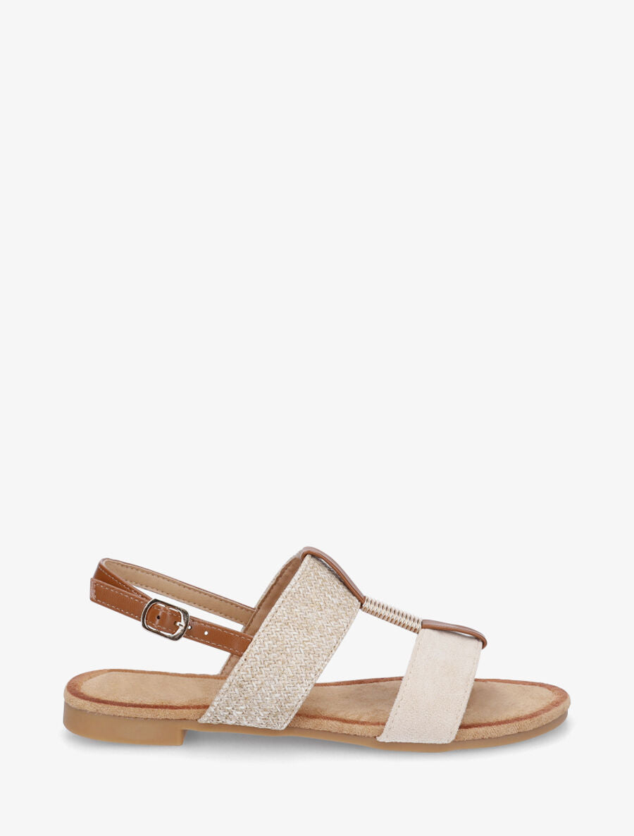Nu-pieds à brides bimatière et empiècement métal - Beige - 5