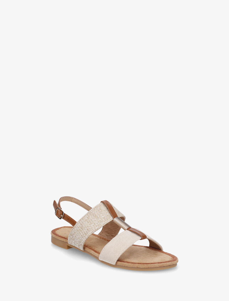 Nu-pieds à brides bimatière et empiècement métal - Beige - 2