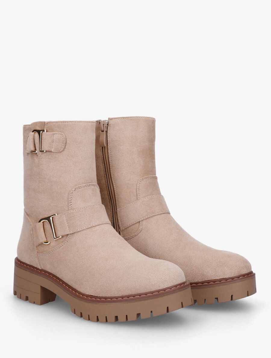 Bottines en suédine à ceinturons - Beige - 4