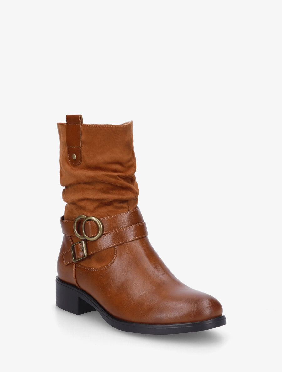Bottines bimatière à ceinturon - Camel - 2