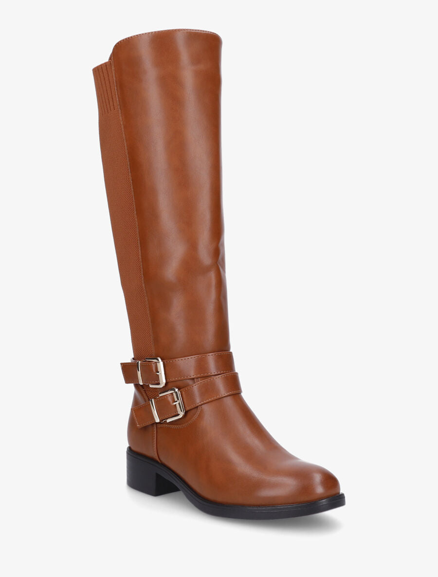 Bottes à talon en simili et tissu - Camel - 2