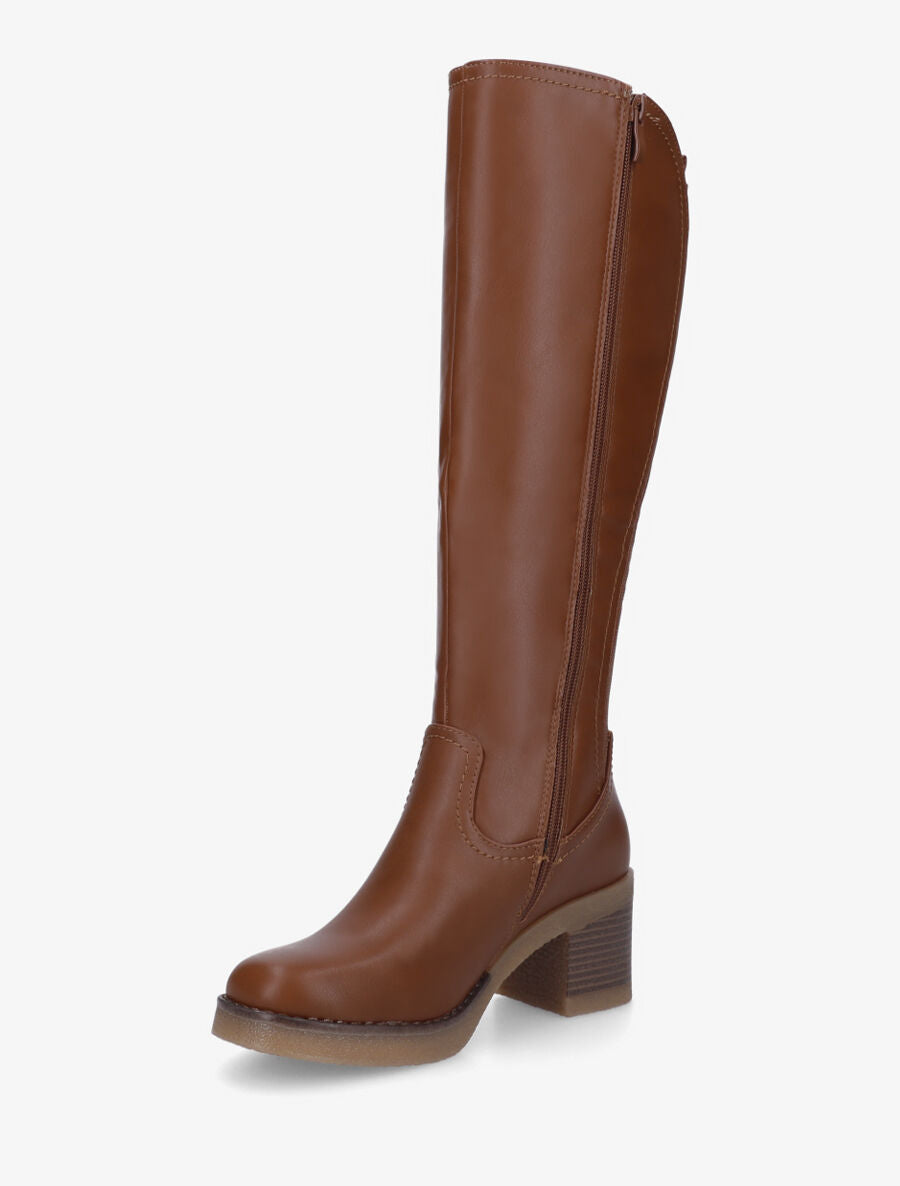 Bottes en simili à talon et bande élastiquée - Camel - 3
