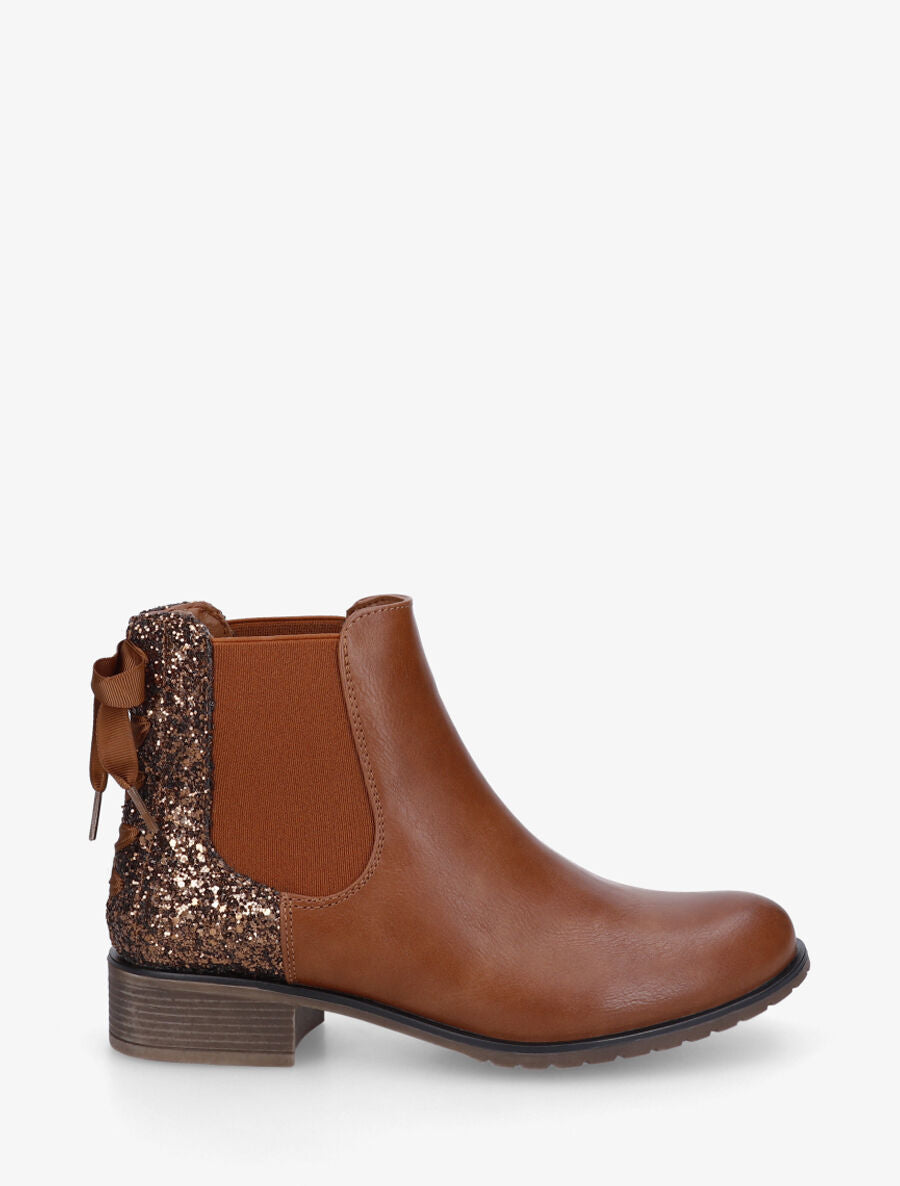 Bottines en simili à contrefort pailleté - Camel - 1