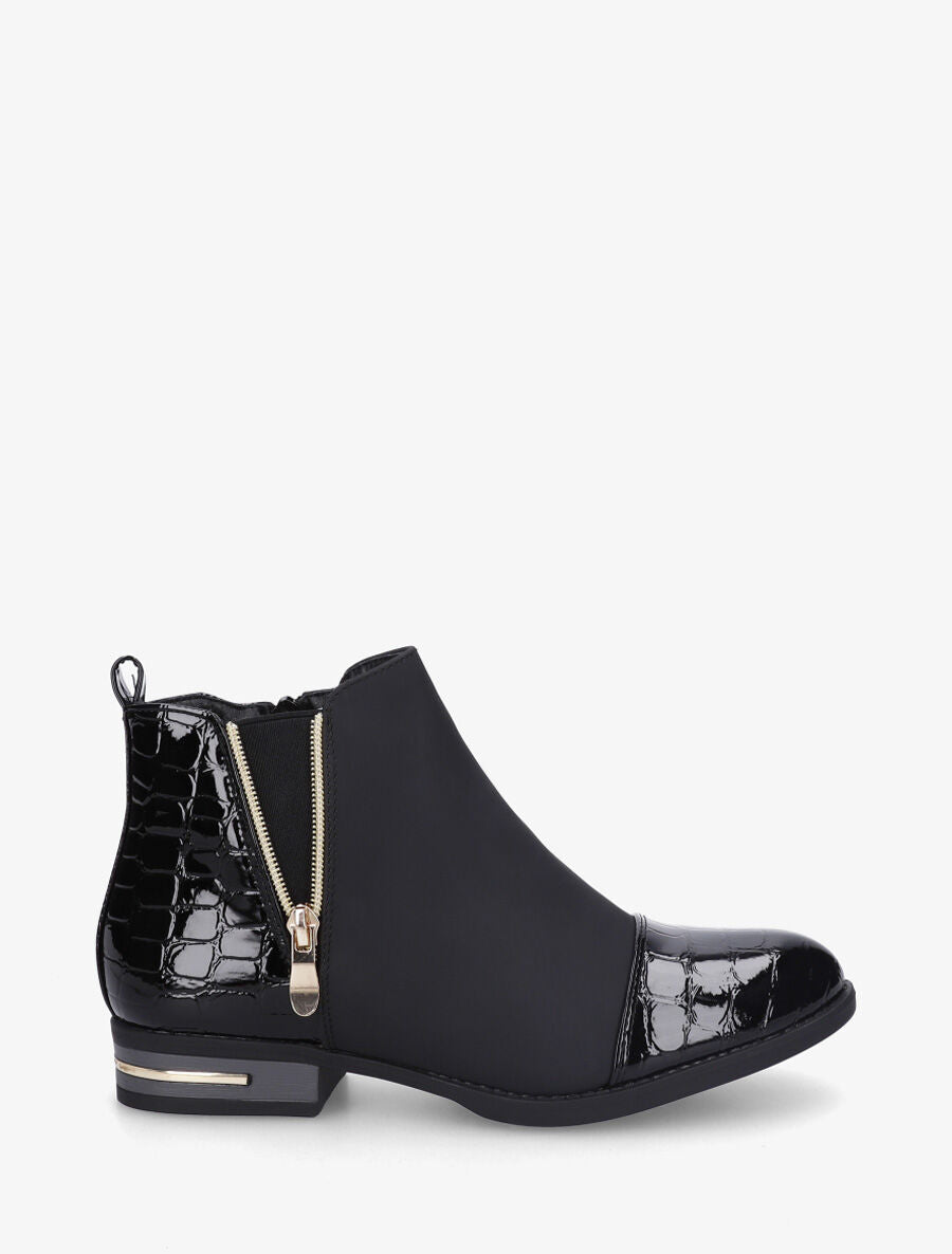 Bottines à imprimé croco et zip décoratif - Noir - 1