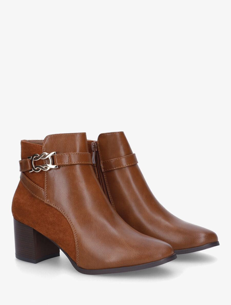 Bottines à talon et boucle décorative - Camel - 4