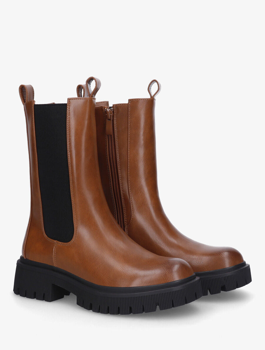 Bottines montantes élastiquées en simili - Camel - 4