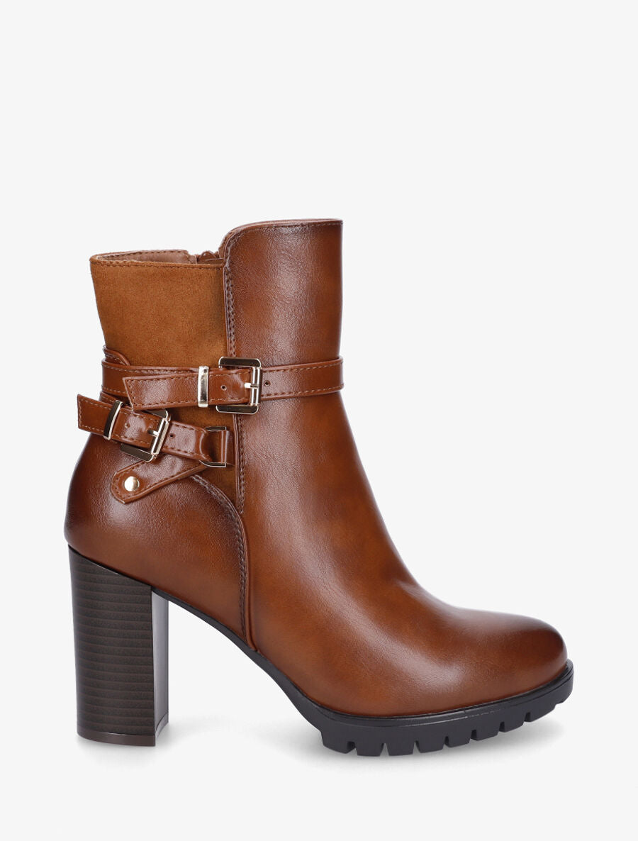 Bottines bimatière à talon haut - Camel - 5
