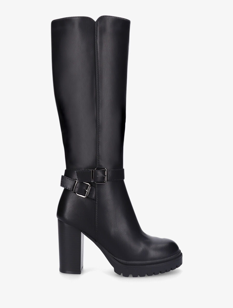 Bottes unies à talon haut et double sangles - Noir - 5