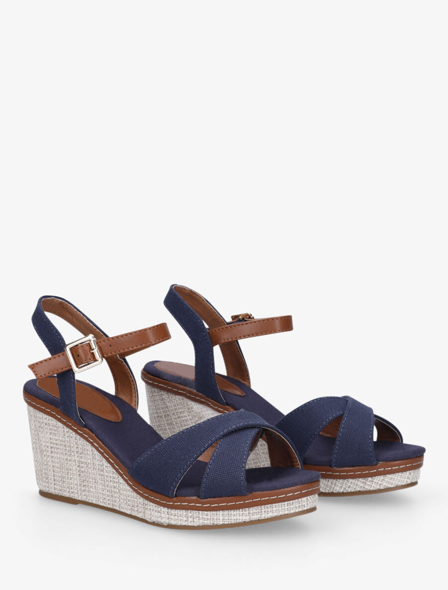 Sandales à brides croisées et semelle style osier - Marine - 4