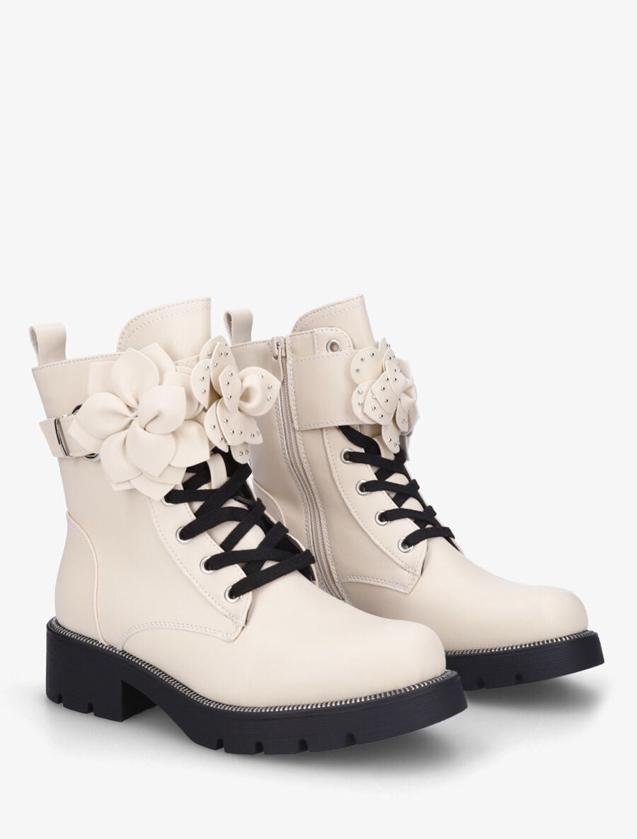 Bottines en simili à empiècement fleurs - Beige - 4