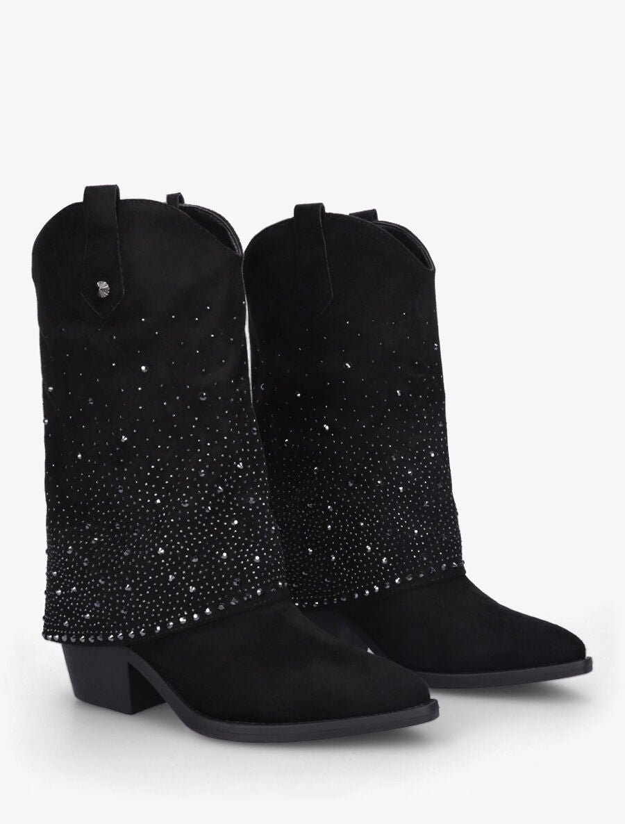 Bottines style santiags à revers strassé - Noir - 4