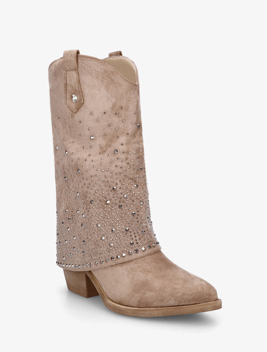 Bottines style santiags à revers strassé - Taupe - 2