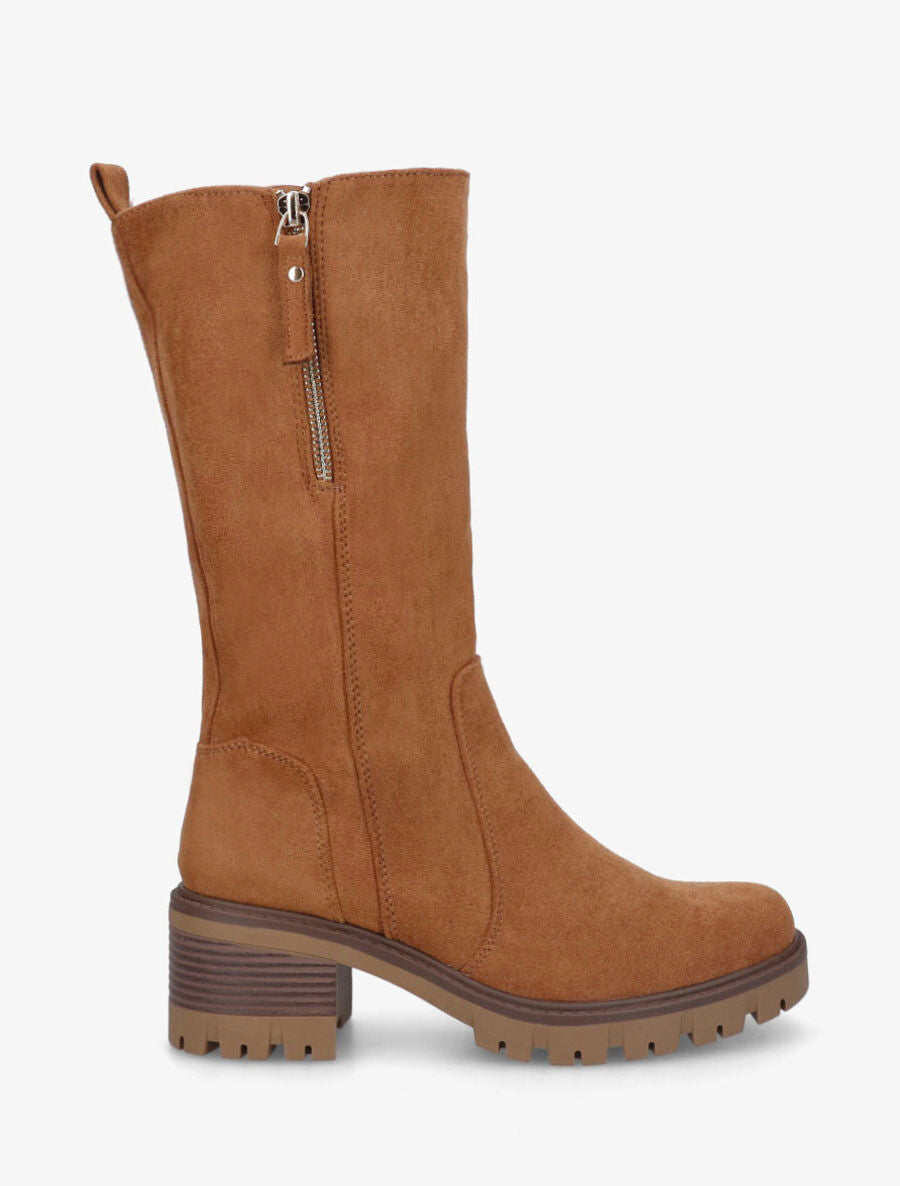 Bottines montantes en suédine à double zips - Camel - 1