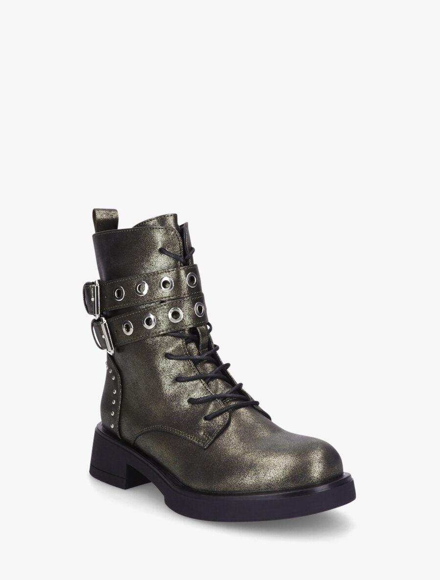 Bottines en simili à double sangles et lacets - Kaki - 2