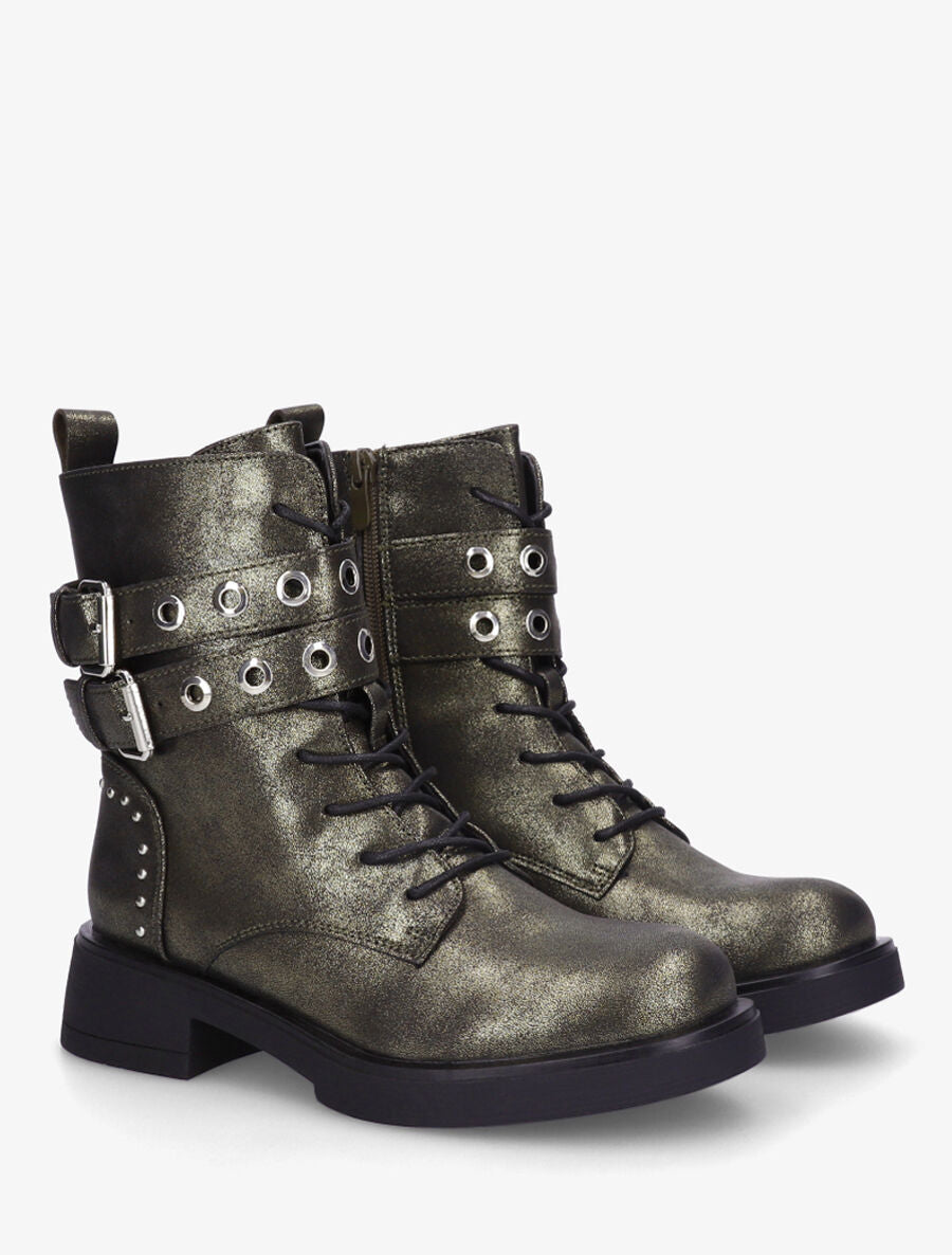 Bottines en simili à double sangles et lacets - Kaki - 4