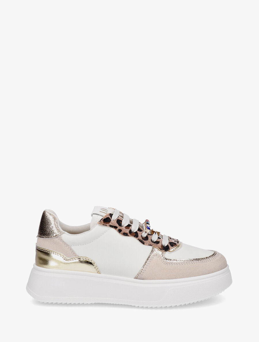 Sneakers bimatière à empiècements bijoux et strass - Beige - 1