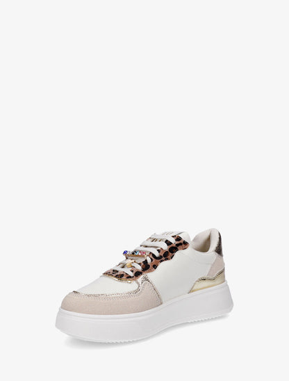 Sneakers bimatière à empiècements bijoux et strass - Beige - 3