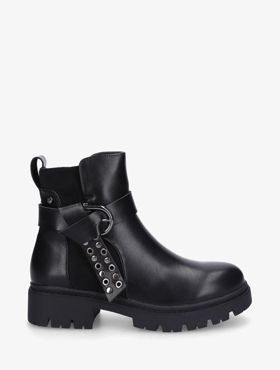 Bottines sanglées en simili et suédine - Noir - 1