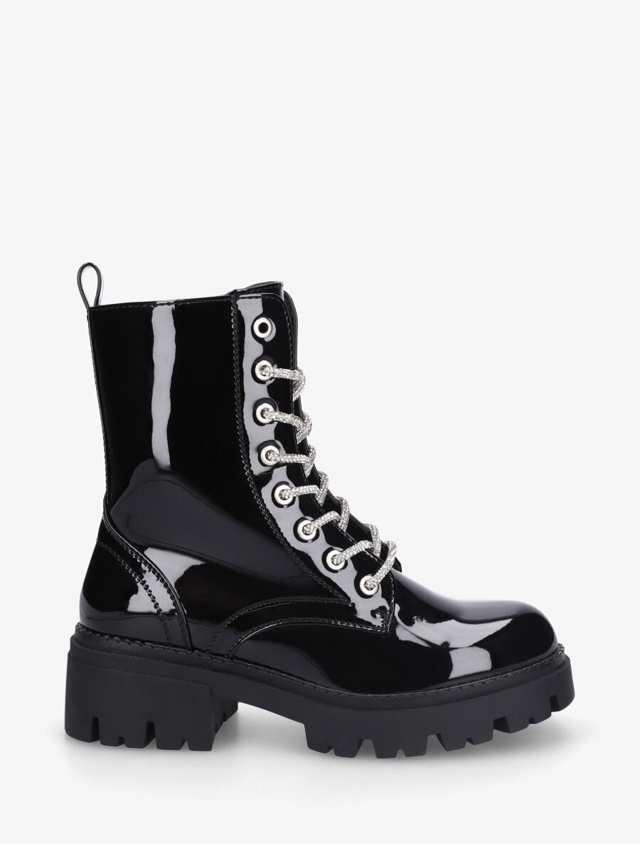 Bottines montantes vernies à lacets strassés - Noir - 5