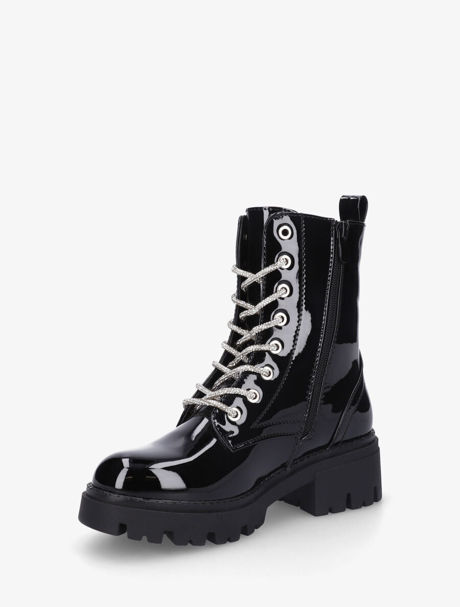 Bottines montantes vernies à lacets strassés - Noir - 3