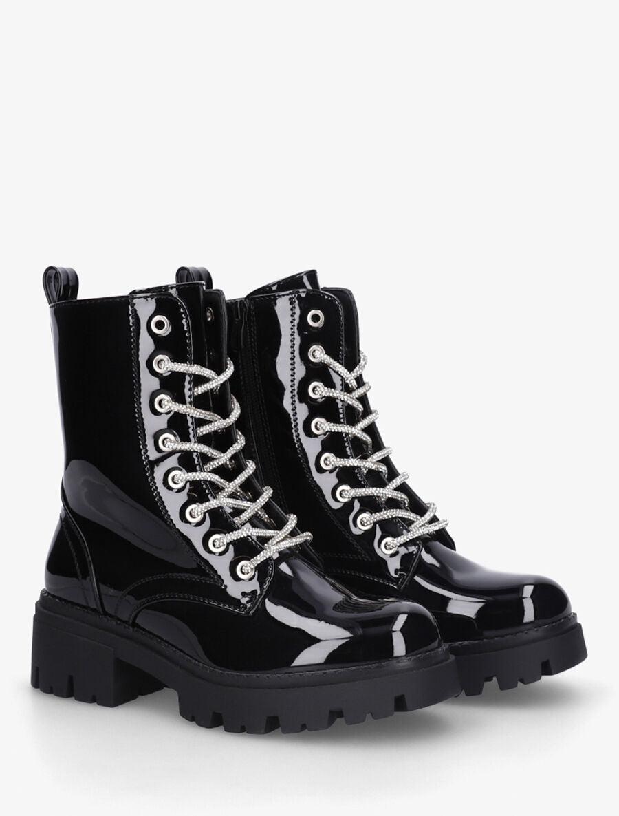 Bottines montantes vernies à lacets strassés - Noir - 4
