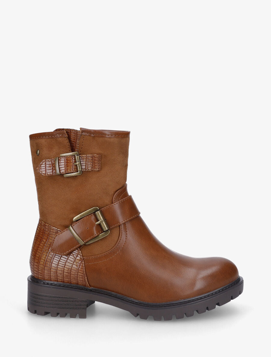 Bottines bi-matière à détail croco - Camel - 5