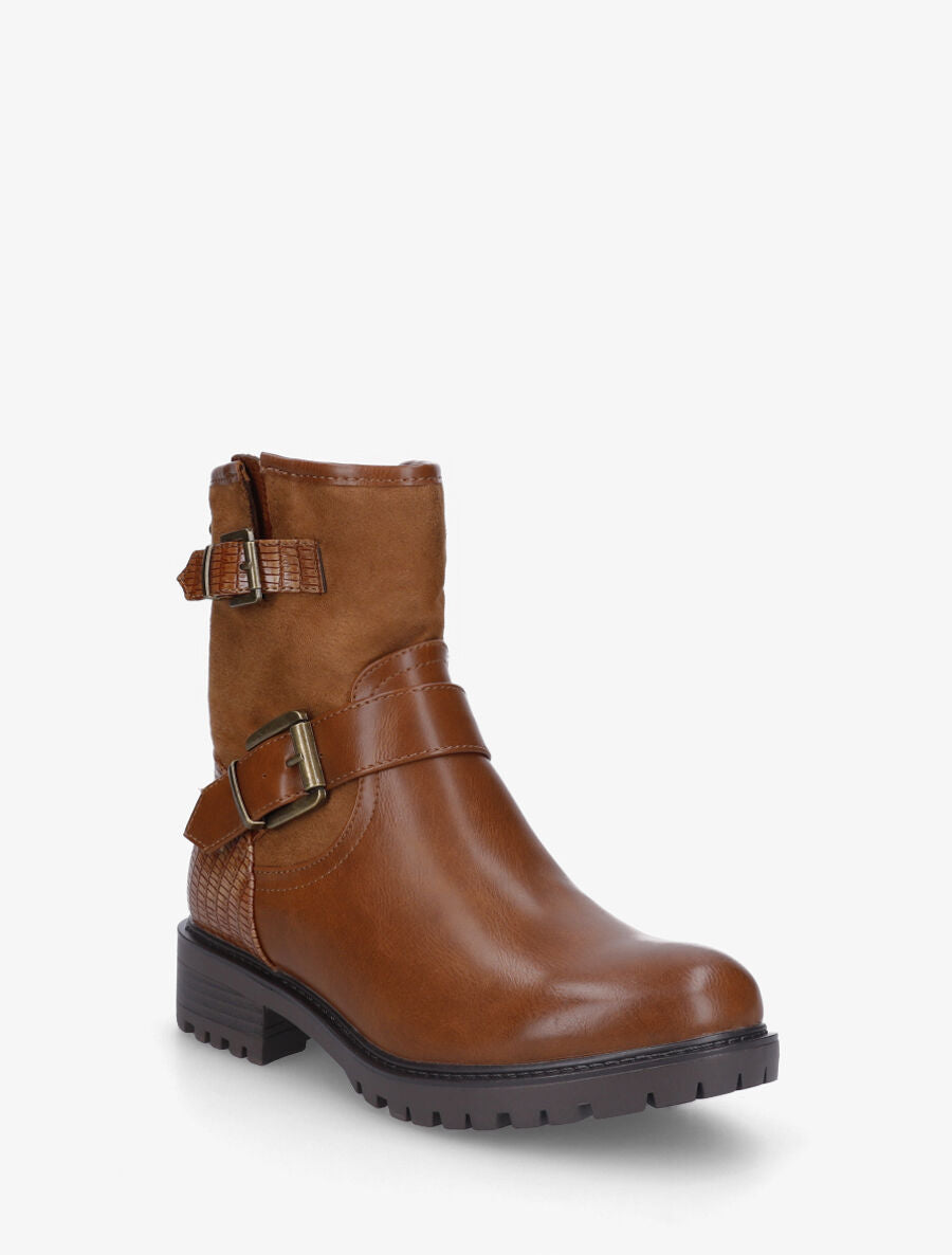 Bottines bi-matière à détail croco - Camel - 2