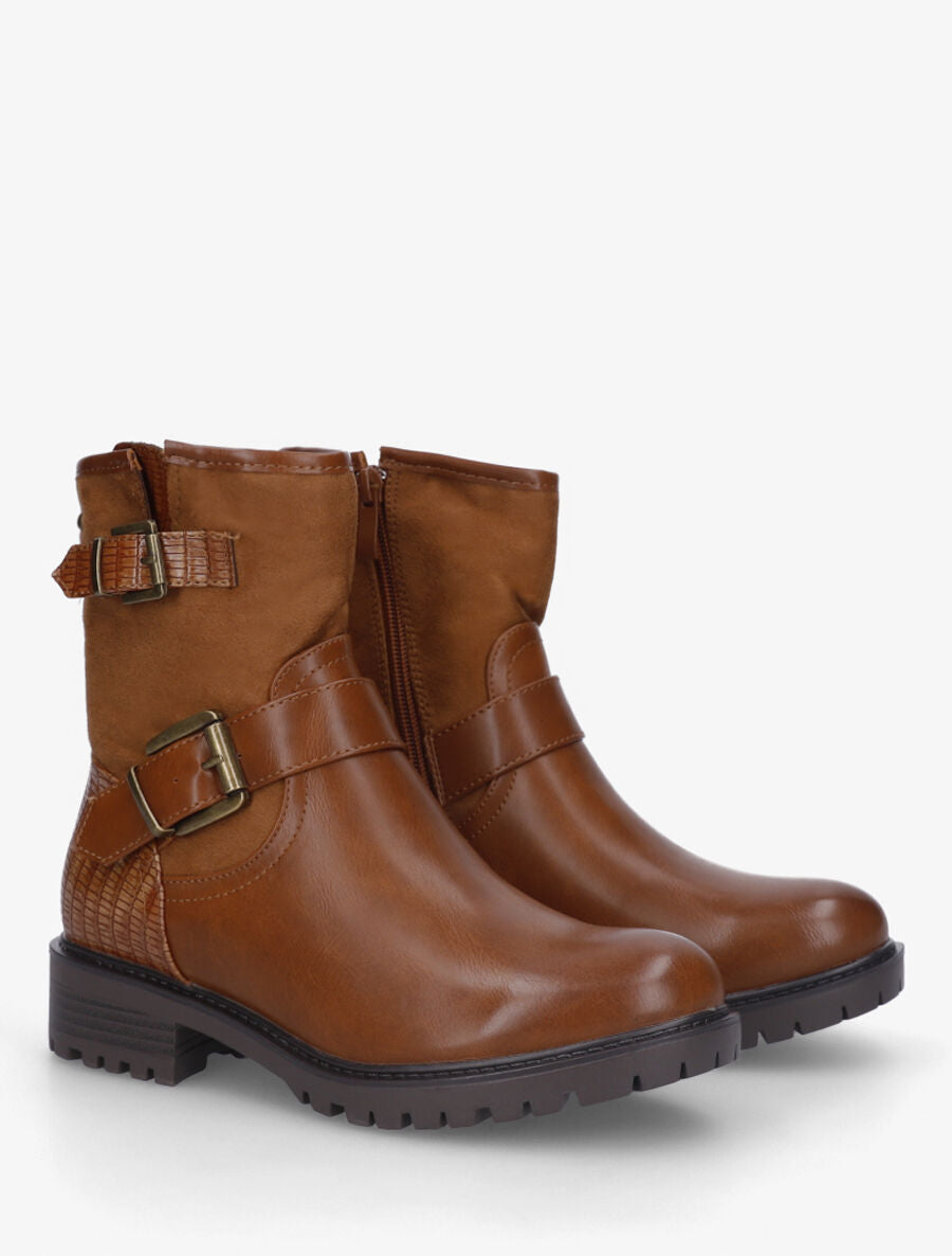 Bottines bi-matière à détail croco - Camel - 4