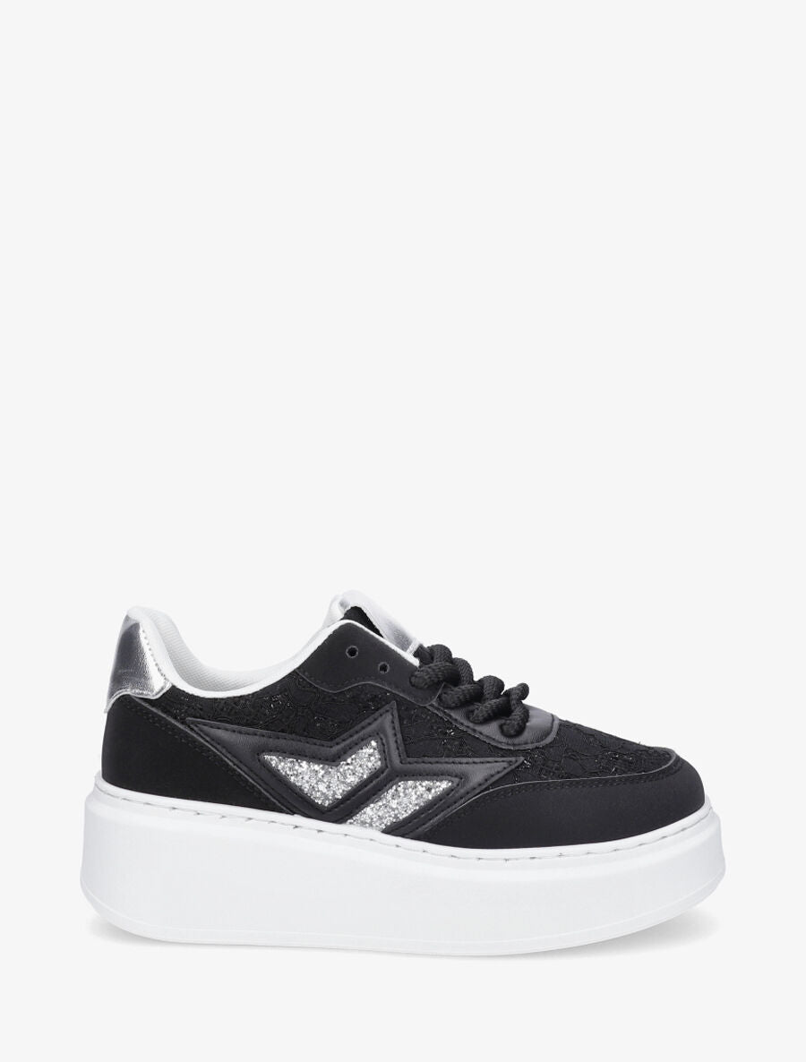 Sneakers en simili à détail dentelle et sequins - Noir - 1
