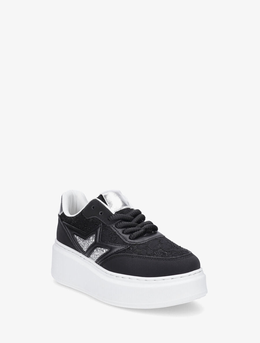 Sneakers en simili à détail dentelle et sequins - Noir - 2