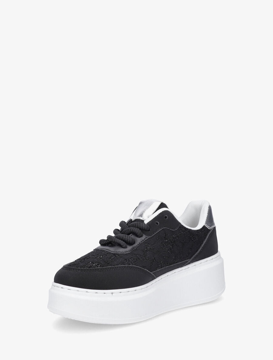 Sneakers en simili à détail dentelle et sequins - Noir - 3