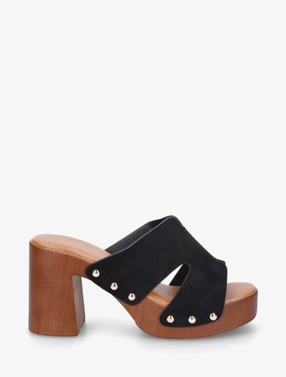 Mules à talon effet bois et ganse en suédine - Noir - 1