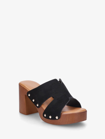 Mules à talon effet bois et ganse en suédine - Noir - 2