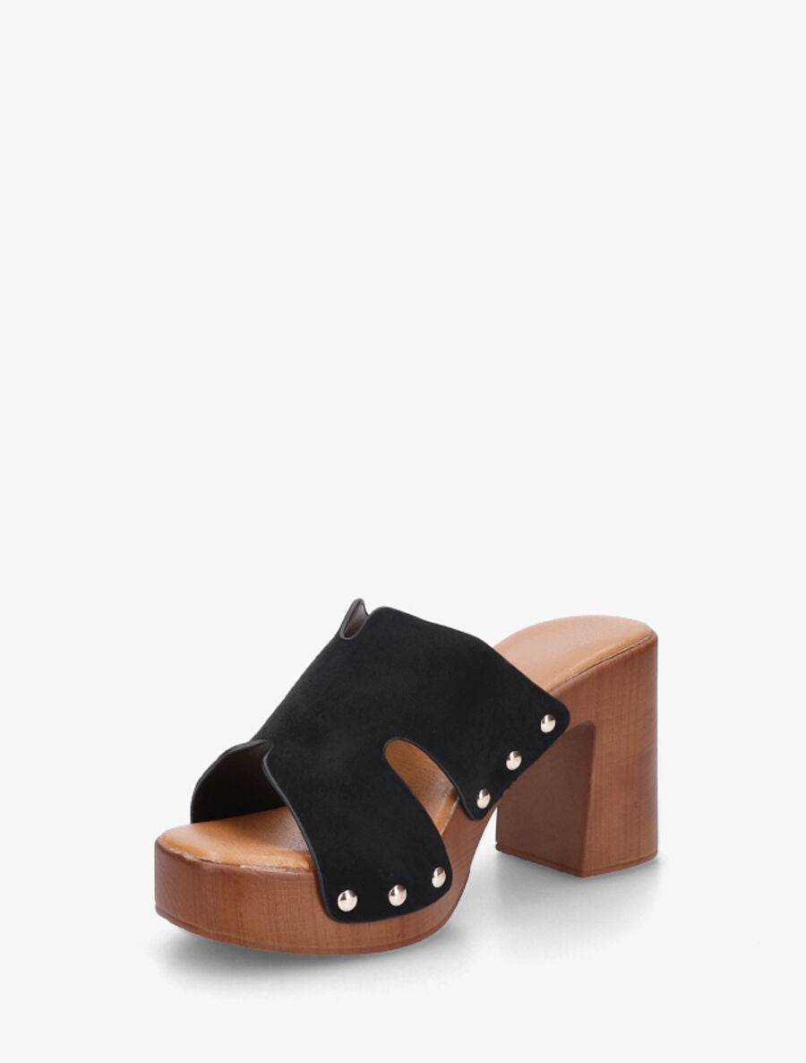 Mules à talon effet bois et ganse en suédine - Noir - 3