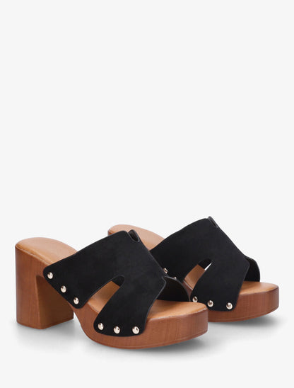 Mules à talon effet bois et ganse en suédine - Noir - 4